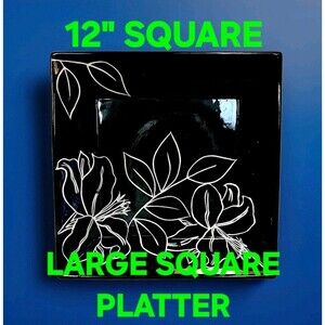 Deep 12 PLATTER SQUARE Black White 💎 Laurie Gates ANTILLES dish FLORAL PATTERN